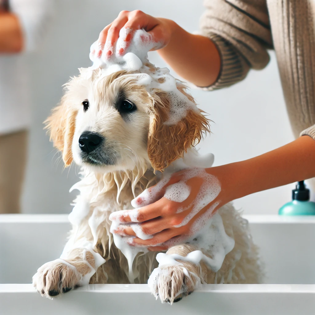 강아지 목욕 – 보호자가 약용 샴푸를 사용해 강아지 몸에 거품을 내는 모습