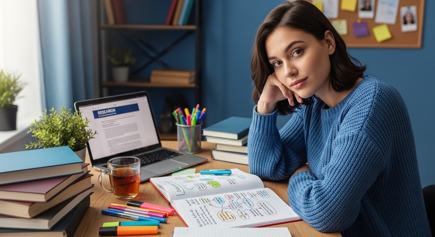 학습 일지를 작성하며 자신의 학습 과정을 성찰하는 학생의 모습.