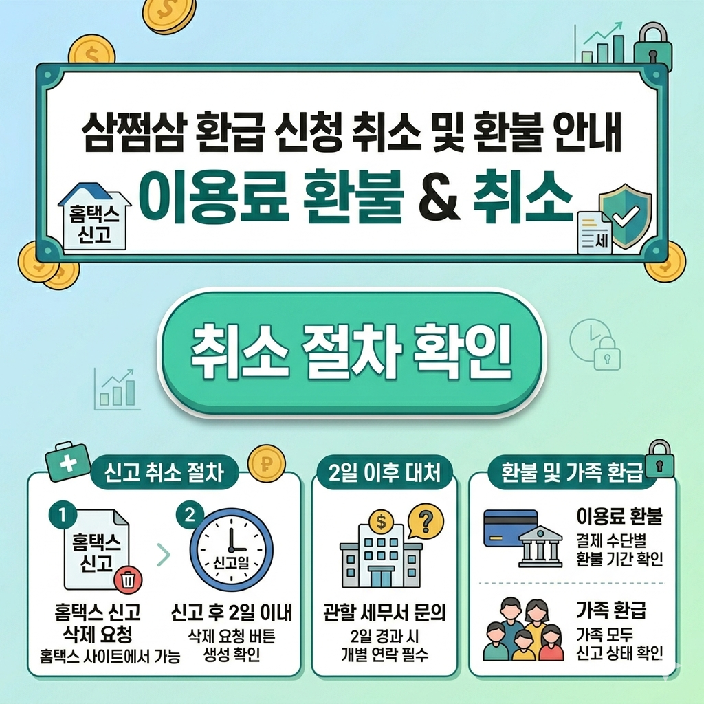 삼쩜삼 환급 신청 취소 방법｜홈택스 신고 삭제요청&middot;이용료 환불 핵심 정리 인포그래픽