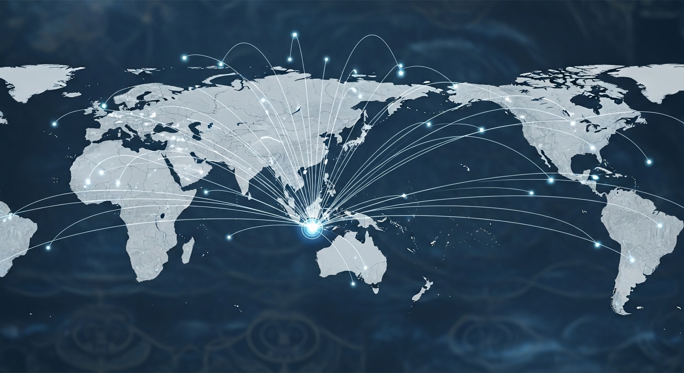 세계 지도 위에 APEC 21개 회원국을 연결하는 선들이 한국 경주에서 시작되는 모습을 시각적으로 표현한 이미지.
