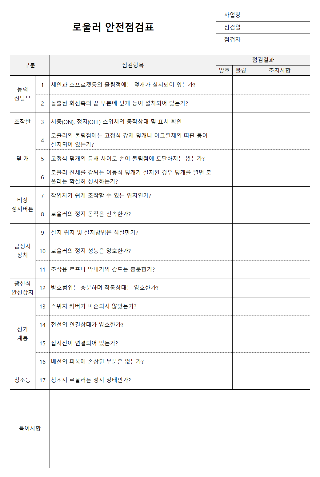 로울러 안전점검표