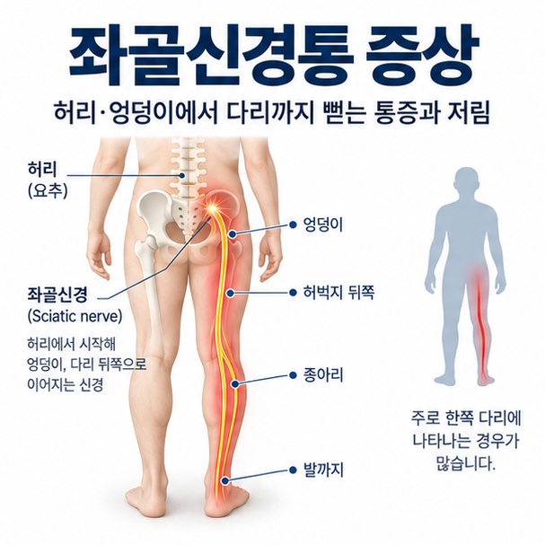 좌골신경통 증상과 허리 엉덩이에서 다리 발까지 이어지는 좌골신경 경로를 보여주는 교육용 이미지