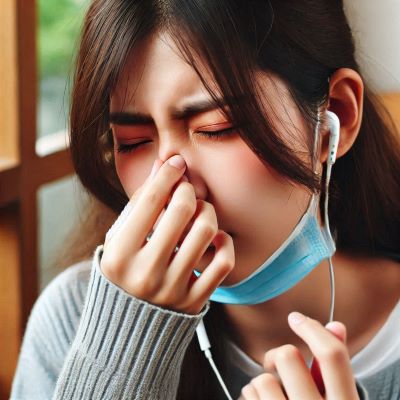 젊은 여성이 알레르기 비염으로 눈과 코가 가려워서 괴로워하고 있다.