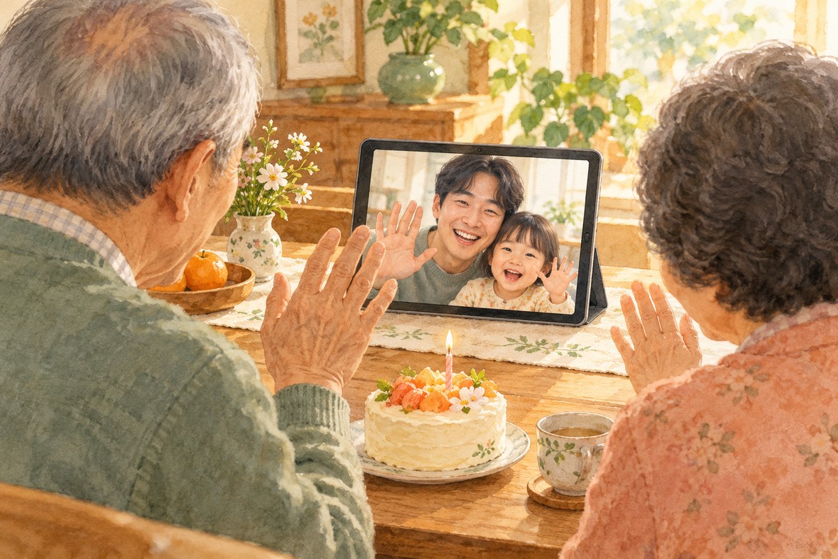 멀리 사는 가족과 영상통화로 생신 인사를 나누는 부모님