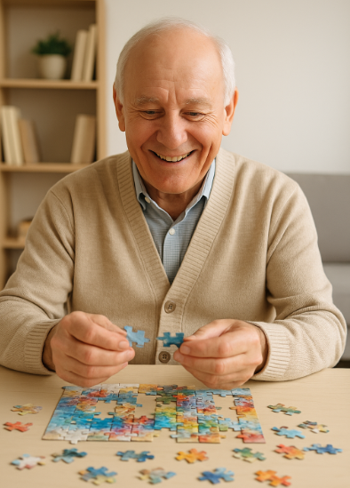 웃으며 퍼즐을 맞추고 있는 할아버지