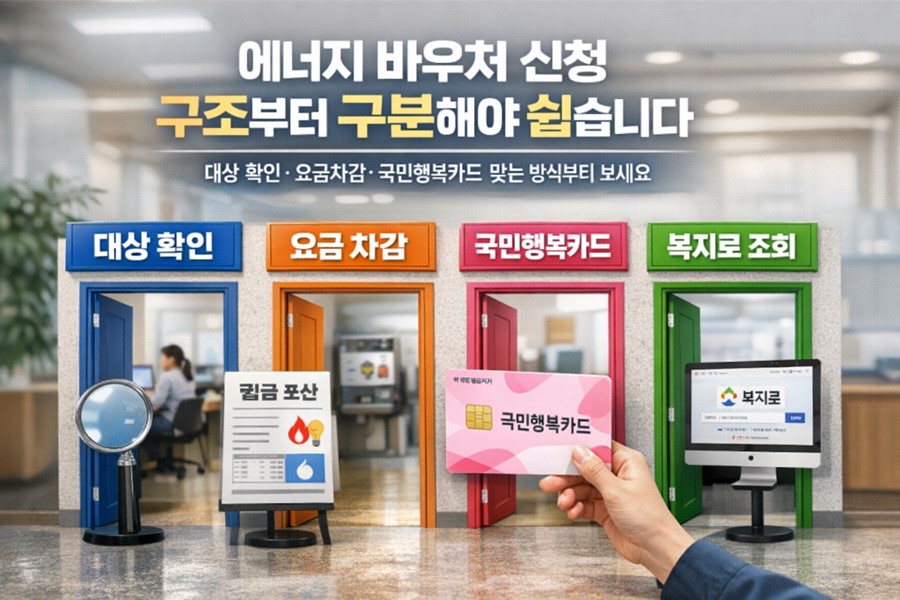 에너지 바우처 신청에서 대상 확인과 요금차감, 국민행복카드, 복지로 조회가 서로 다른 구조라는 점을 한눈에 보여주는 이미지