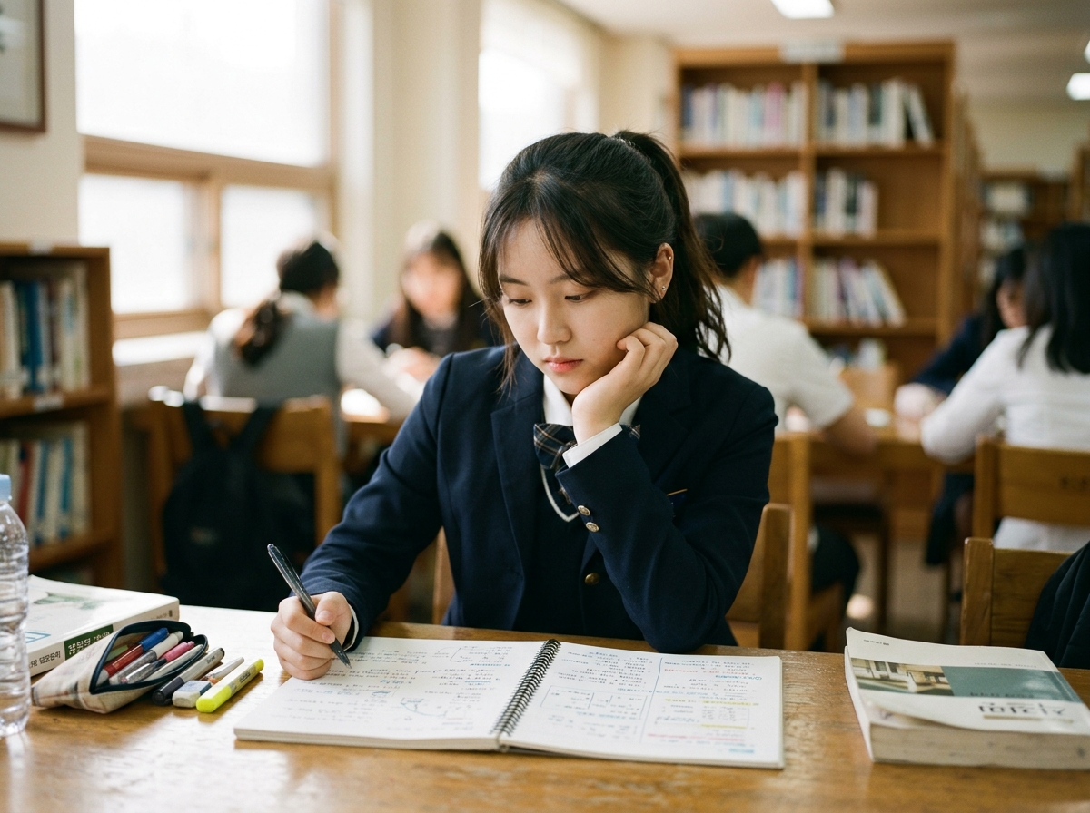 자신이 작성한 국어 학습 계획표나 오답 노트를 점검하는 학생