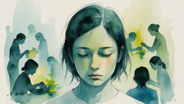 ESFJ의 강박장애는 배려와 따뜻함이라는 강점이 자기 희생으로 바뀔 때 발생합니다. 타인을 위한 삶 속에서 자신을 점점 지워나갈 때, 마음은 점점 메말라갑니다에 관한 그림