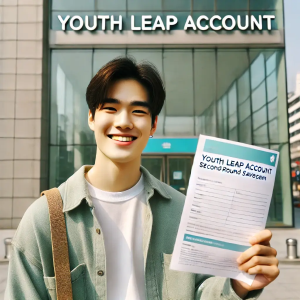 금융기관 앞에서 청년도약계좌 신청서를 들고 미소 짓는 동양인 젊은 남성의 초고해상도 사진