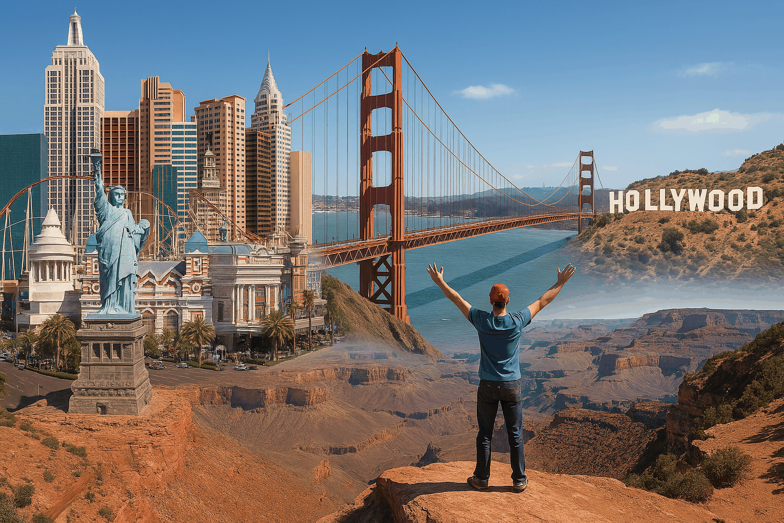 미국 서부의 상징적인 명소들을 한눈에 담은 여행 포스터 같은 실사 이미지