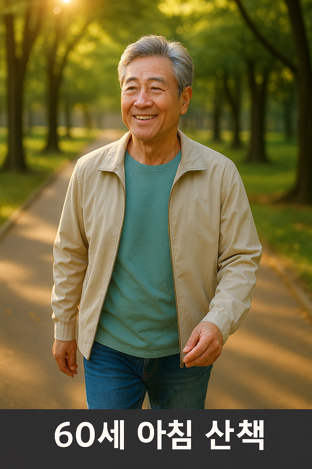 60대 남성이 공원에서 아침 산책을 즐기는 모습 60세 아침 산책 문구