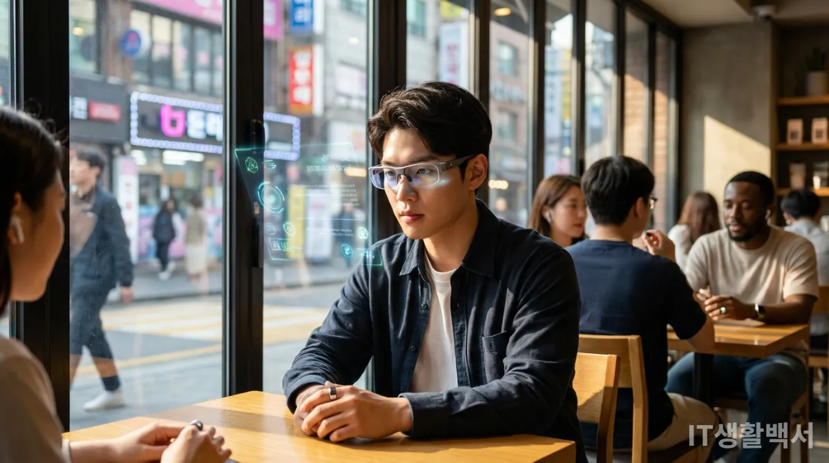 몰입형 XR 기기를 통해 가상현실을 경험하는 한국인 남성
