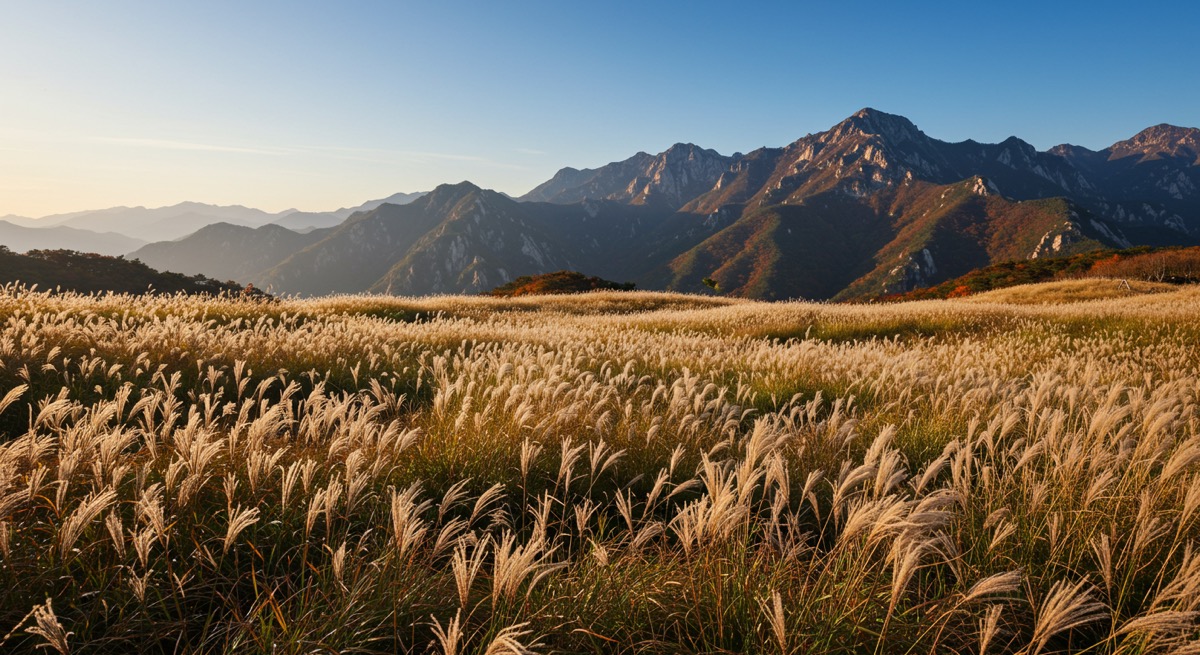 가을 햇살을 받아 은빛으로 빛나는 영남 알프스 간월재 억새평원의 전경
