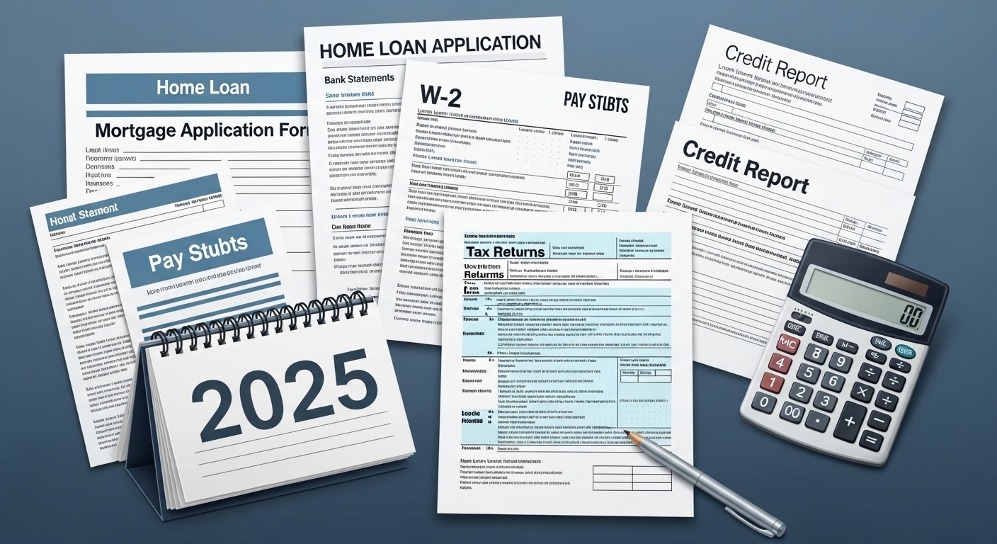 A digital illustration of various financial documents and a calculator, with a small calendar indicating '2025', emphasizing the detailed financial planning and documentation required for a home loan application. The overall tone is organized and slightly complex but manageable, using blue-gray colors.