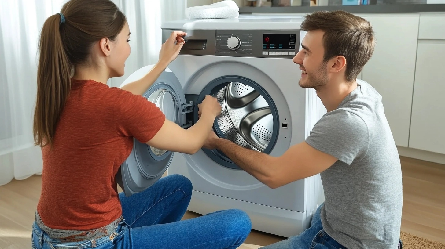 젊은 부부가 아늑한 현대식 소형 주택에서 세탁기를 설치하며 행복한 표정을 짓는 장면. 자연광이 어우러진 따뜻한 분위기.