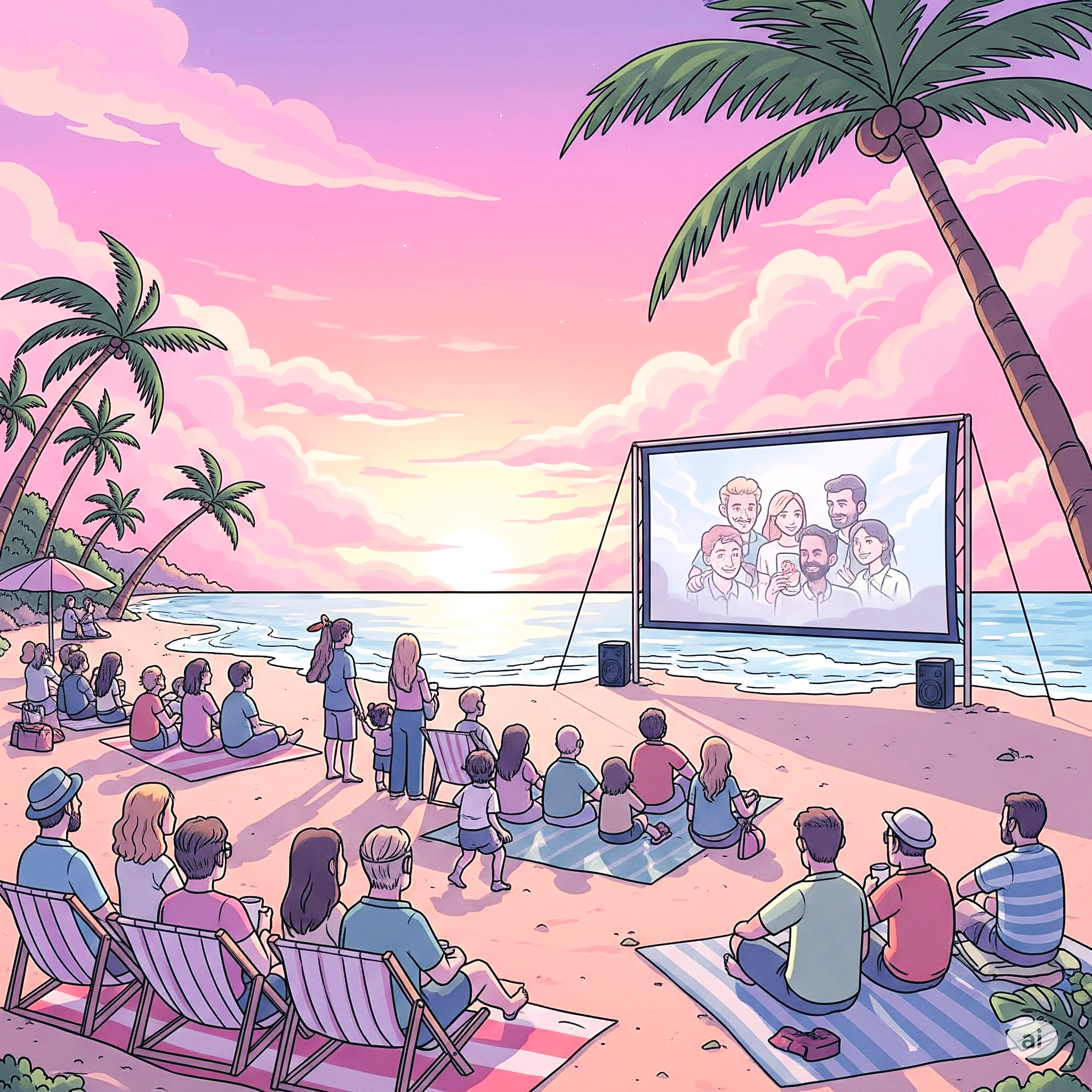 해변에 모여 앉아 영화 보는 사람들
