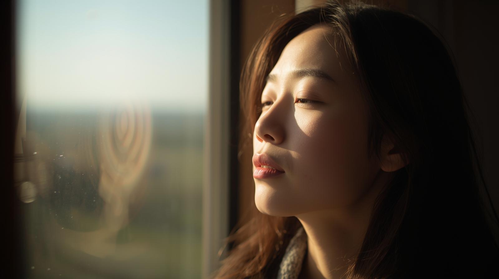 창가에서 먼 곳을 바라보며 눈을 쉬게 하는 사람