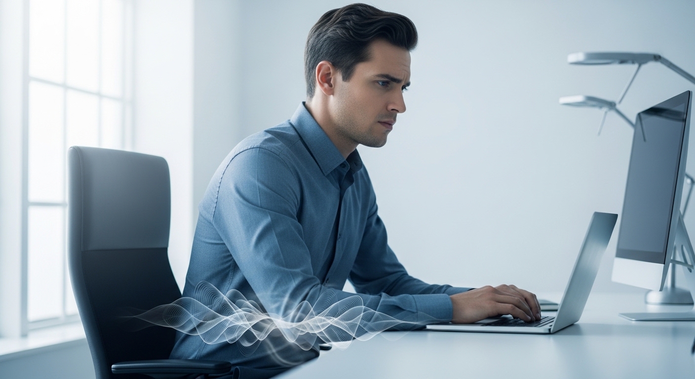 책상에 앉아 배에서 꾸르륵 소리가 나는 것에 불편함을 느끼는 사람의 모습. 파란색과 회색 톤으로 편안하지만 약간 걱정스러운 분위기