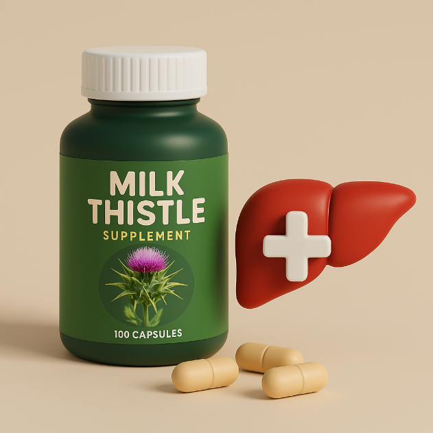 간 건강을 위한 밀크씨슬 보조제 병과 간 아이콘이 함께 표현된 3D 일러스트 이미지