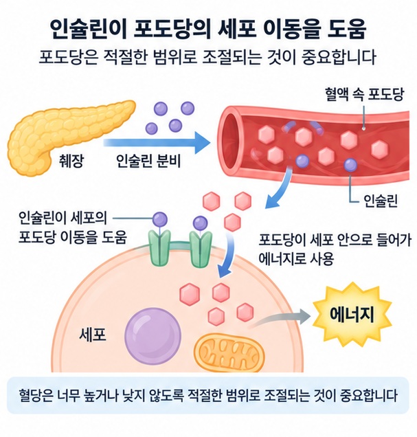 인슐린이 혈액 속 포도당을 세포 안으로 들어가게 도와 에너지로 쓰이게 하는 과정을 보여주는 이미지