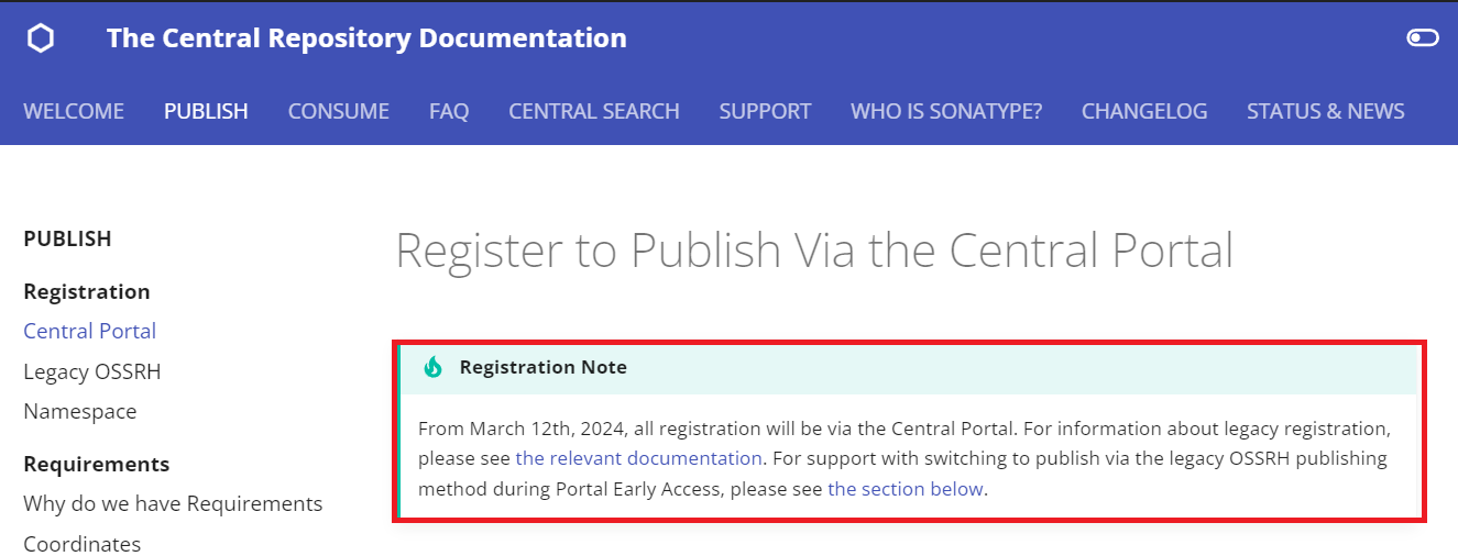 2024년 3월 12일 이후로는 Maven Central 중앙 포털을 통해 배퐇해야 한다.
