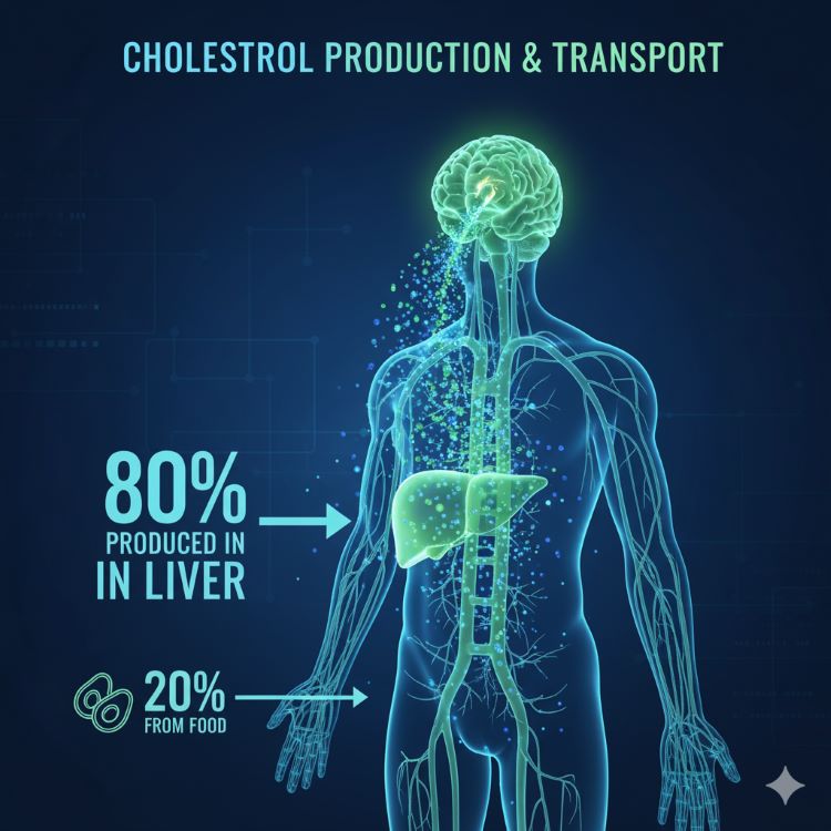 인간 간의 3D 모델을 중심으로 콜레스테롤 분자들이 생성되어 온몸으로 퍼져나가는 모습을 시각화한 인포그래픽. 80%는 간에서, 20%는 음식에서 나오는 것을 명확한 비율 표시와 함께 표현. 특히 뇌 부분으로 많은 콜레스테롤이 흘러가는 경로를 강조. 파란색과 초록색 톤의 의학적이고 과학적인 일러스트