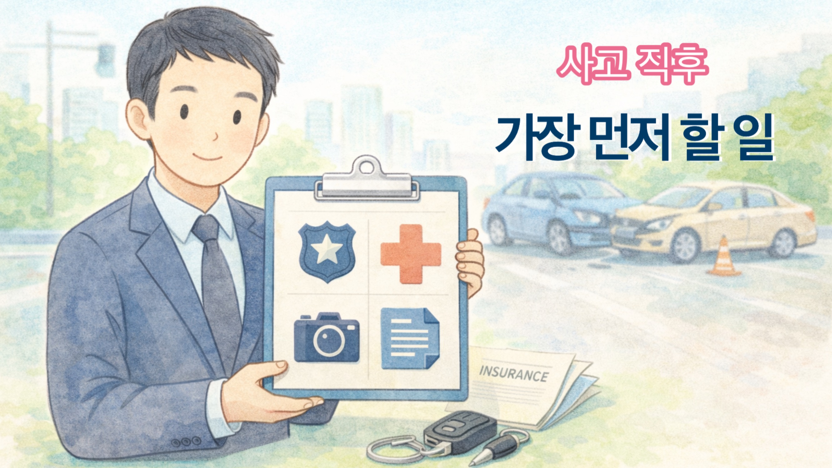 교통사고 직후 증거 수집과 보험사 대응 절차를 안내하는 썸네일 일러스트