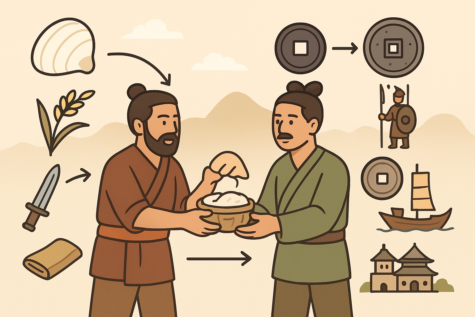 고조선 시대 부족 간 물물교환 장면, 조개, 쌀, 칼, 비단 아이콘이 교환되는 모습, 부족장이 서로 거래하는 장면