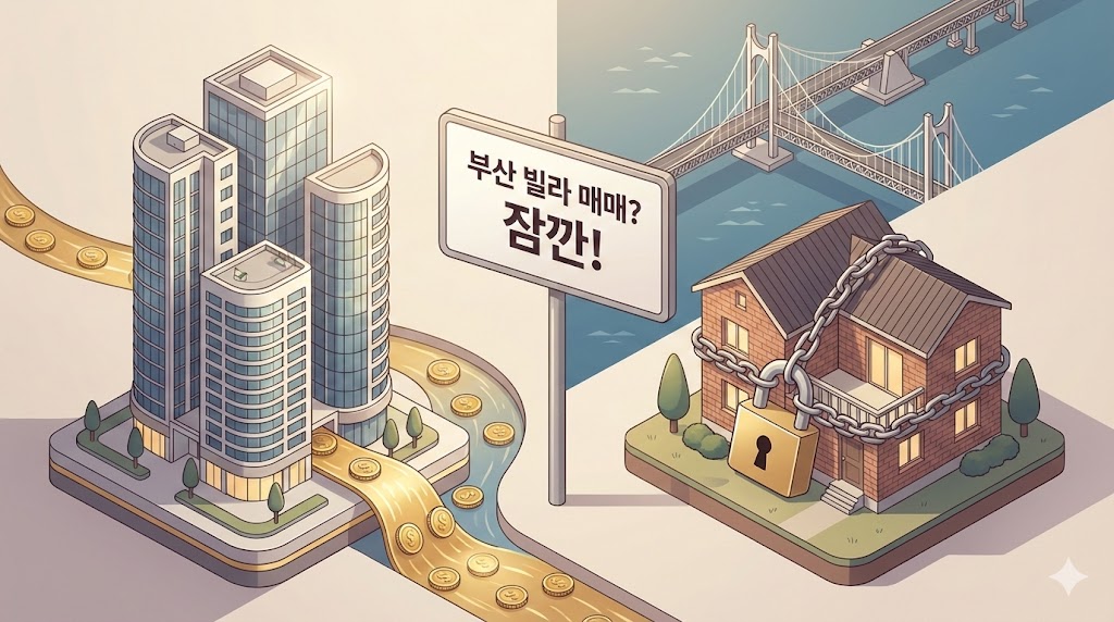 부산 아파트와 빌라의 환금성 차이를 보여주는 3D 일러스트, '부산 빌라 매매? 잠깐!'이라는 문구가 포함된 썸네일