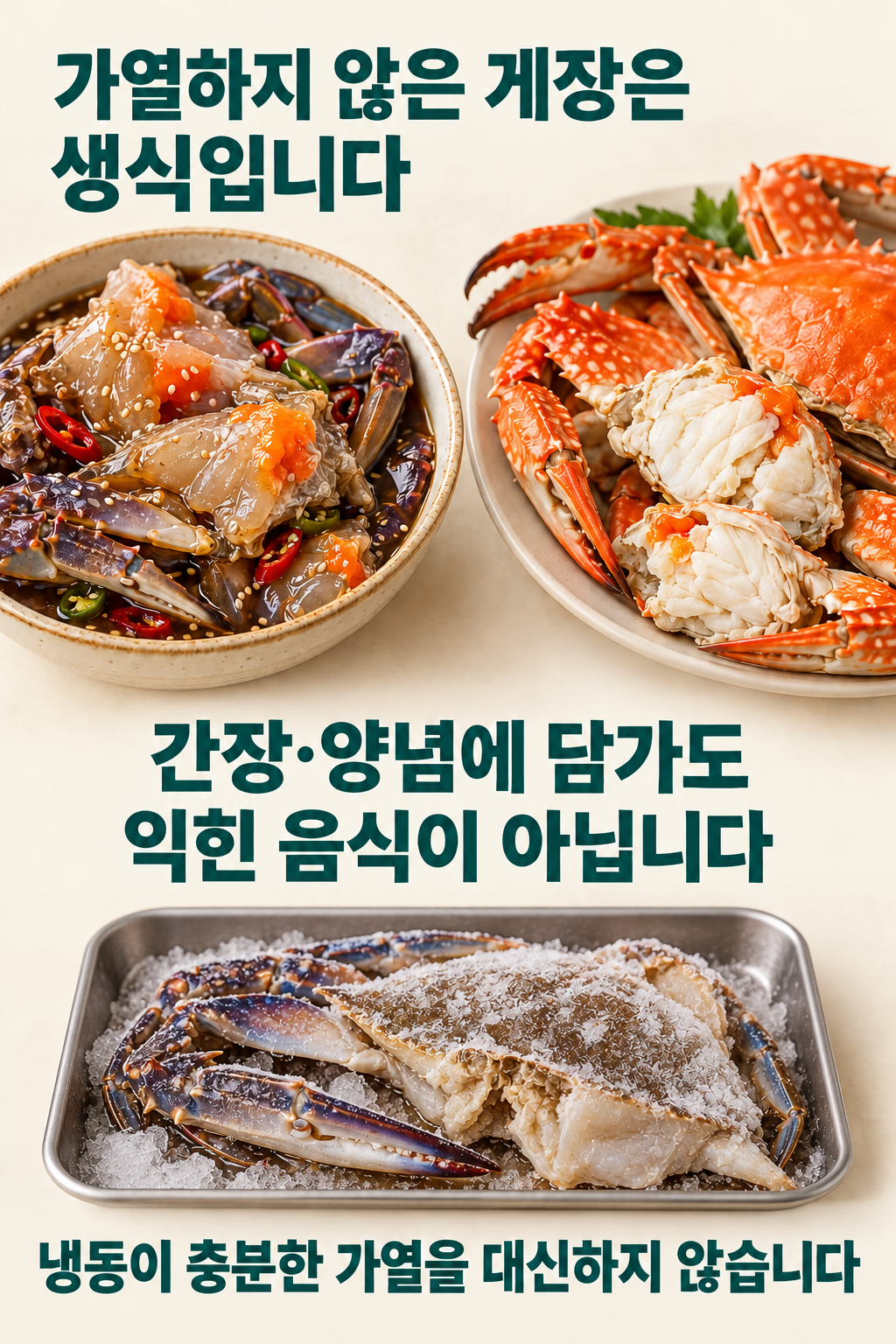 가열하지 않은 게장과 익힌 꽃게의 상태를 비교하고 양념&middot;냉동과 가열을 구별하는 안내