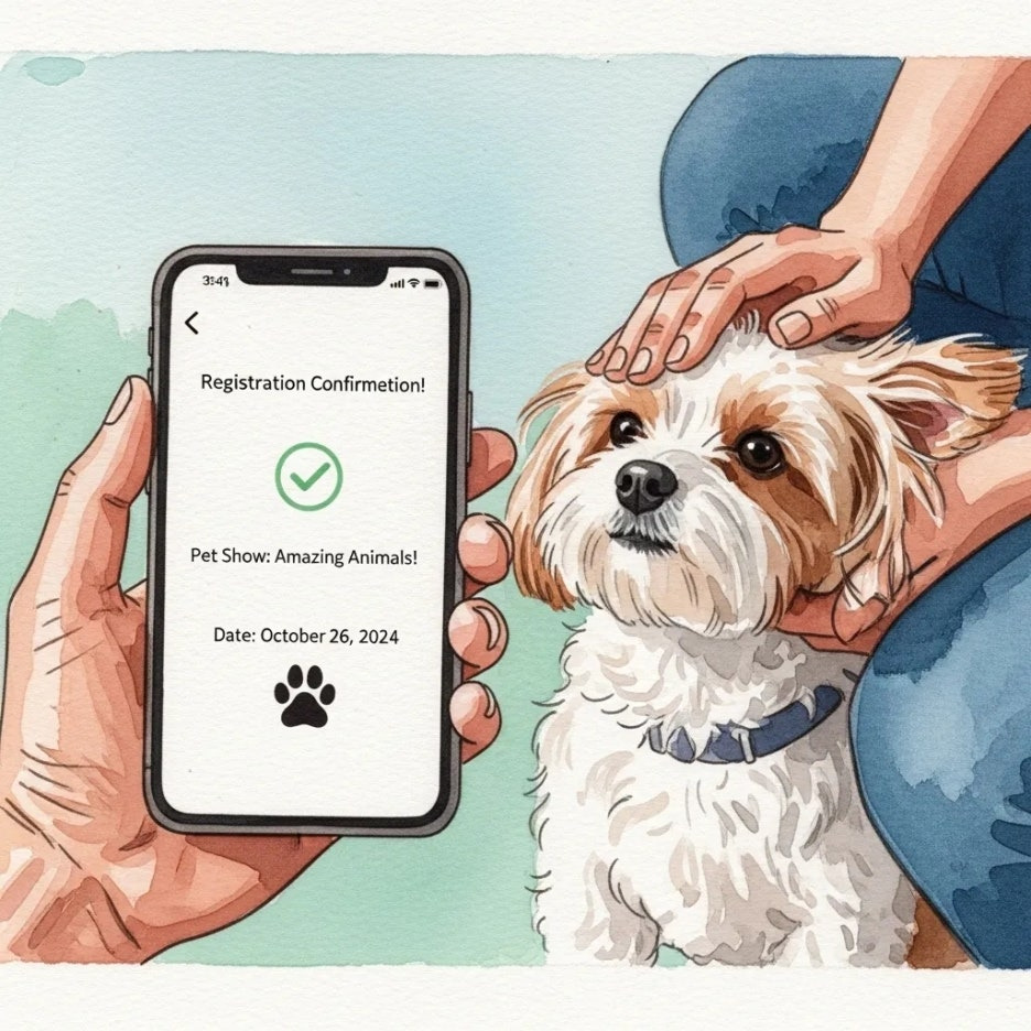스마트폰으로 펫쇼 사전등록을 확인하는 모습