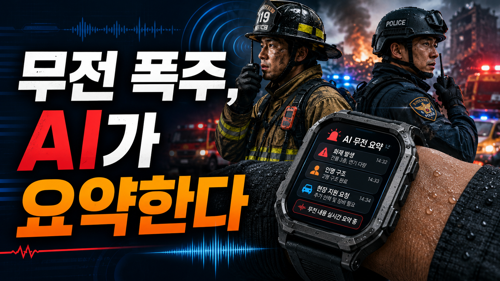 700MHz 재난안전통신망과 연동된 AI 스마트워치가 소방&middot;경찰의 무전 내용을 요약하는 재난현장 이미지