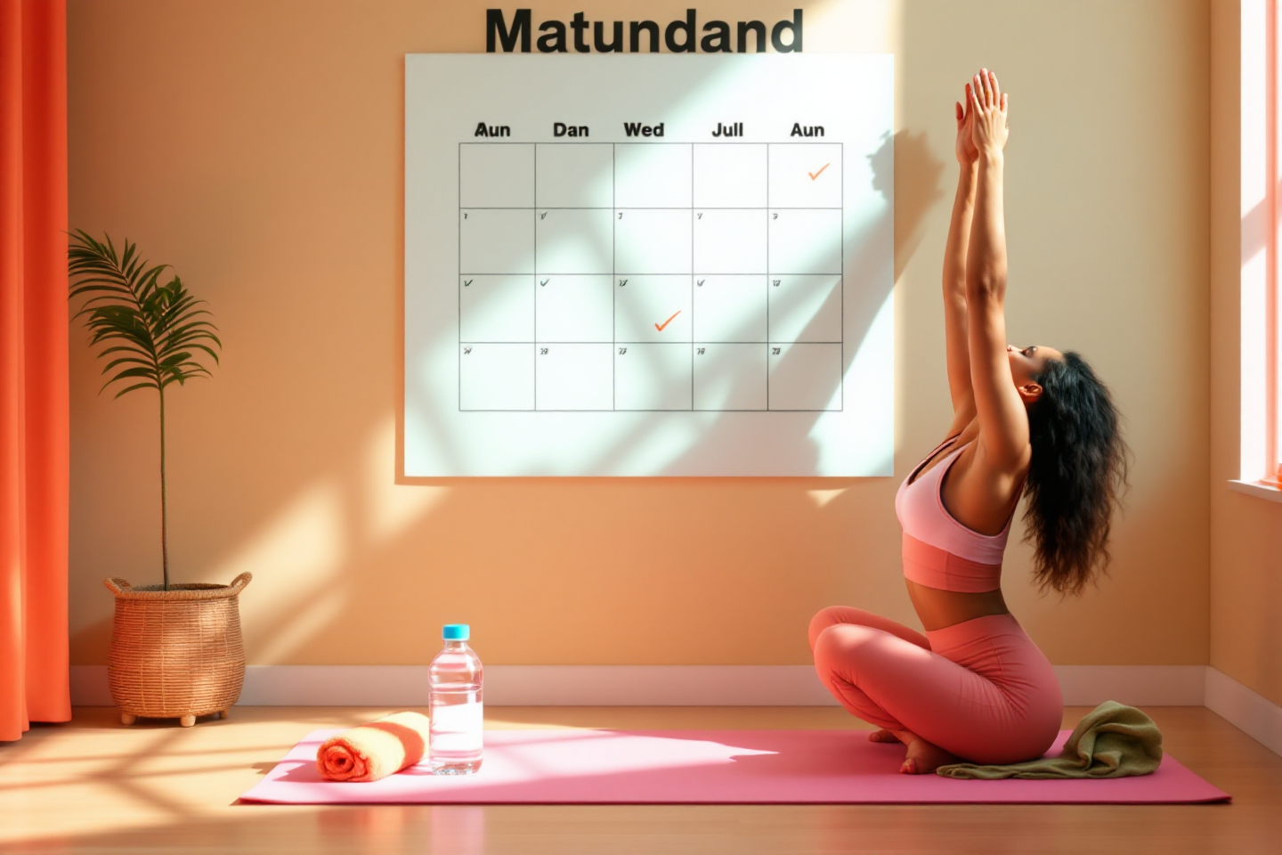 매일매일 습관처럼 운동을 하자라는 표현의 달력과 운동하는 여성 이미지