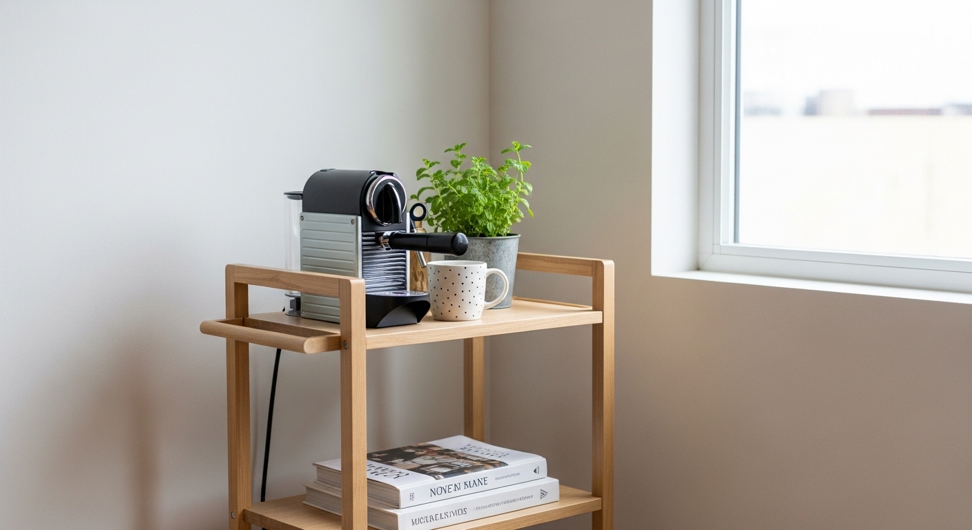 이동식 트롤리에 커피 메이커, 머그컵, 작은 식물 등이 놓여 깔끔하게 정리된 미니 홈 카페 스테이션.