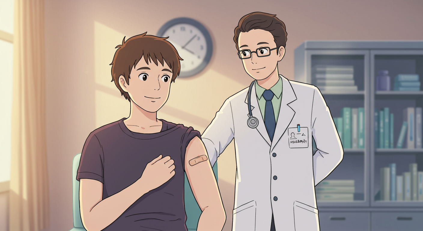 예방주사 후 안심하는 환자와 의사 그림