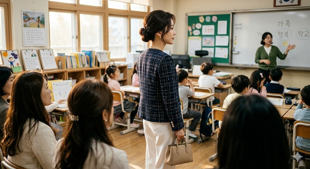 3월 초등학교 학부모 참관 수업 코디 로우번 헤어스타일 고급스러운 네이비 트위드 재킷 꾸안꾸 룩
