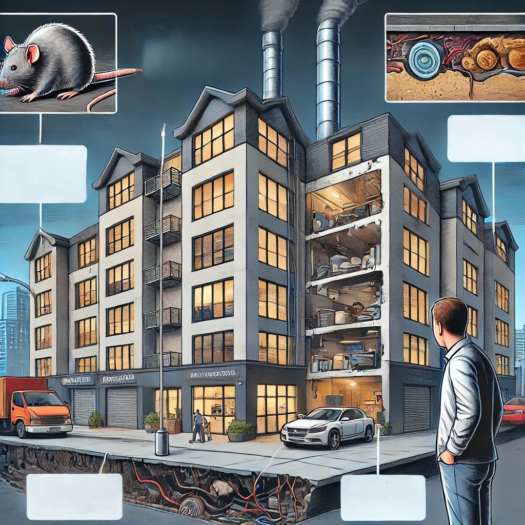 쥐가 나오는 건물을 보며 고민하는 건물주 사진