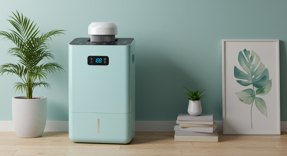 틸색상과 라이트 그레이 톤의 모던한 실내 공간에서 쾌적한 환경을 조성하며 작동 중인 제습기.