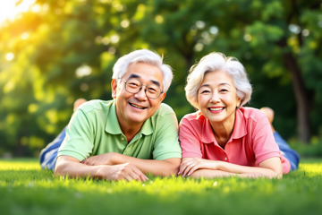 밝은 햇살 아래 푸른 잔디에 나란히 누워 웃고 있는 노부부의 모습. 건강하고 행복한 노후를 상징.