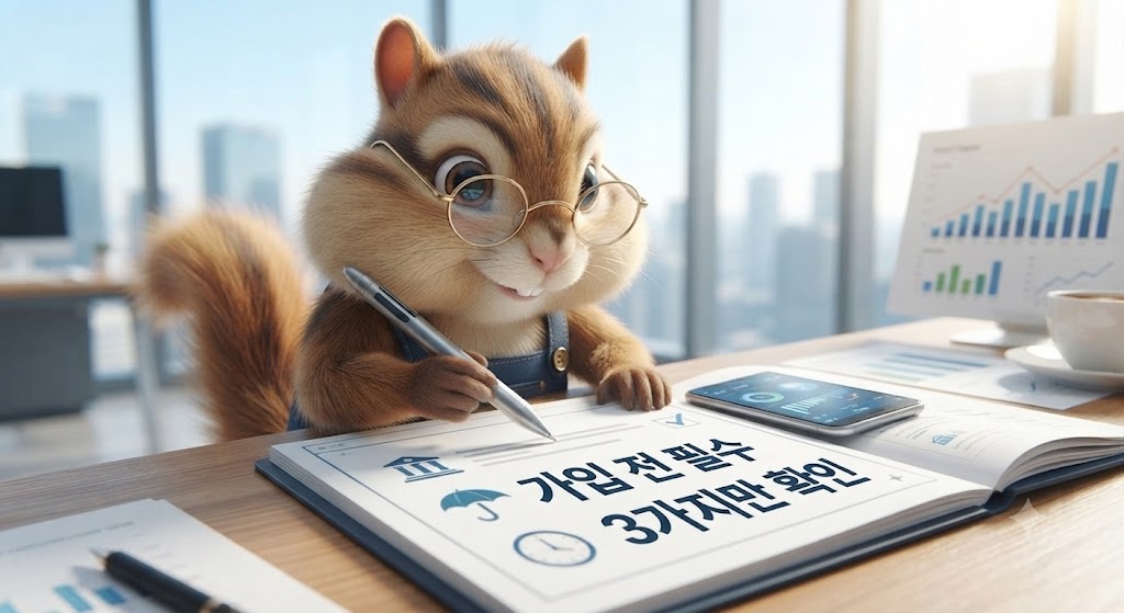 예금 가입 전 체크리스트를 확인하는 다람쥐 캐릭터