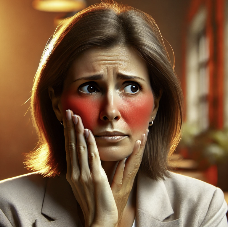 갱년기 증상인 안면홍조로 당황하는 중년 여성