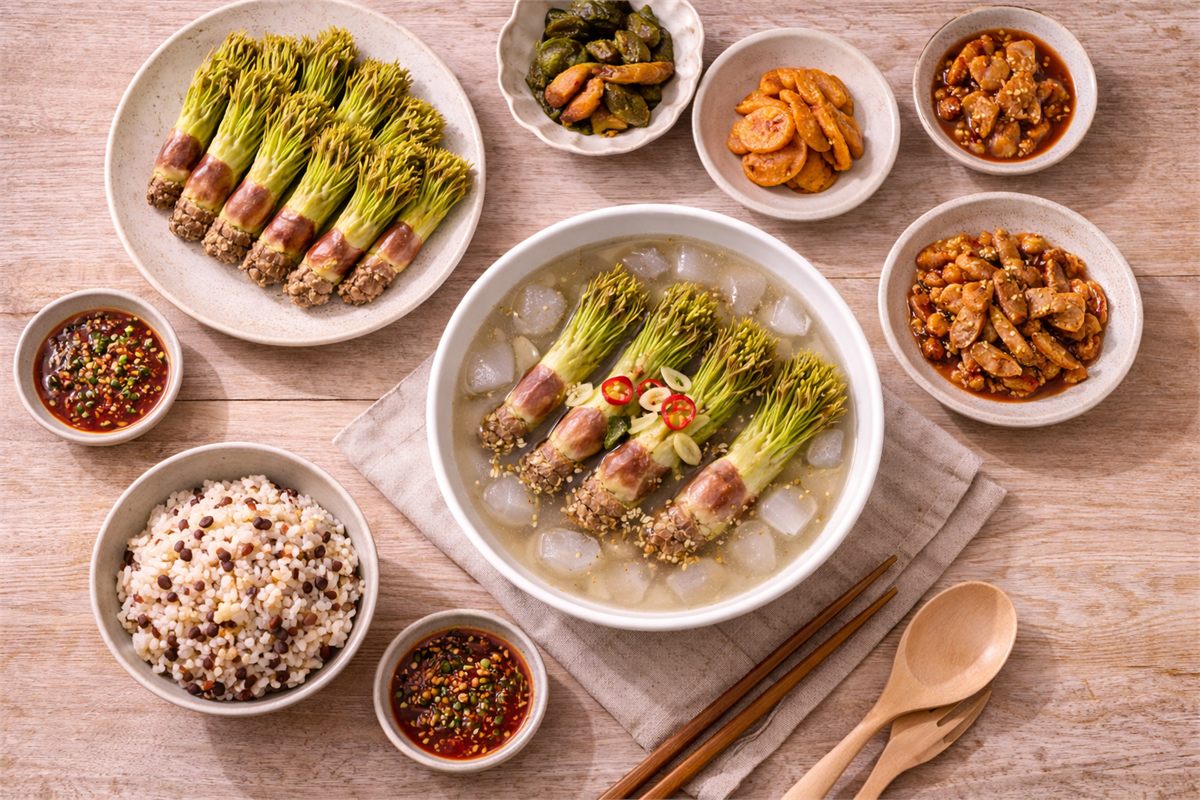 두릅 숙회와 두릅전&amp;#44; 두릅 냉국을 함께 차린 식탁