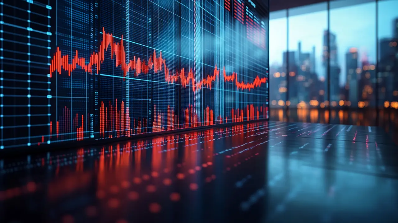 2025년 투자 기대감을 불러일으키는 주식 시장 데이터 보드. 상승세의 그래프가 안정된 경제 전망을 나타내고, 모던한 건축적 감성과 투명한 경제적 밝기를 자연스럽게 표현하고 있다.