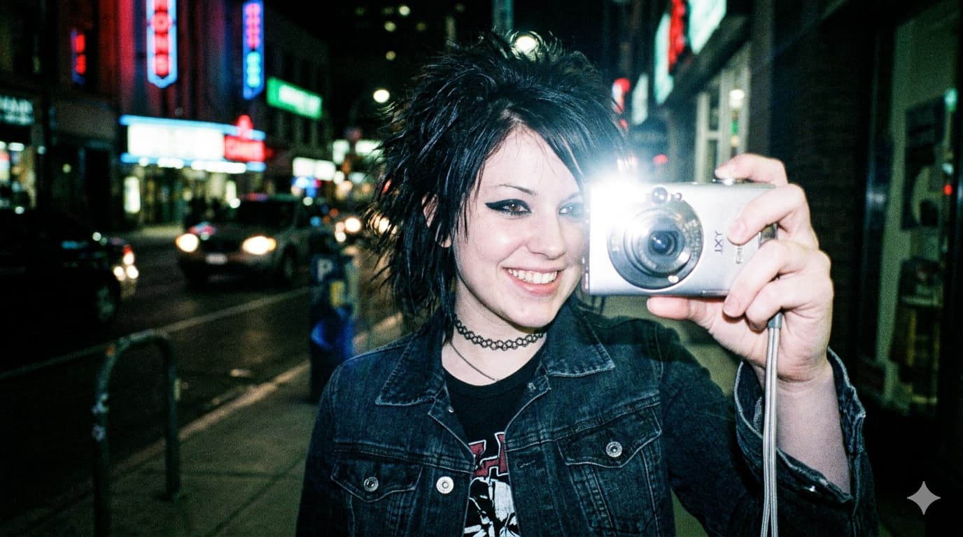 야간에 은색 빈티지 디지털 카메라를 들고 플래시를 터뜨리며 셀카를 찍는 여성의 모습. 강한 직광 플래시와 CCD 센서 특유의 노이즈가 가미된 Y2K 감성 사진.