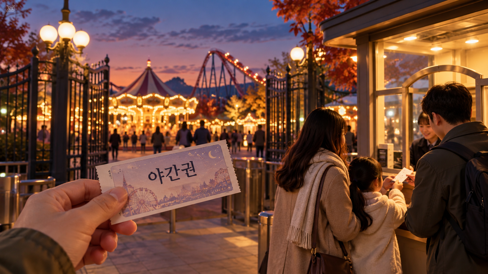 야간 놀이공원 입구에서 이용권을 준비하는 가족과 불빛