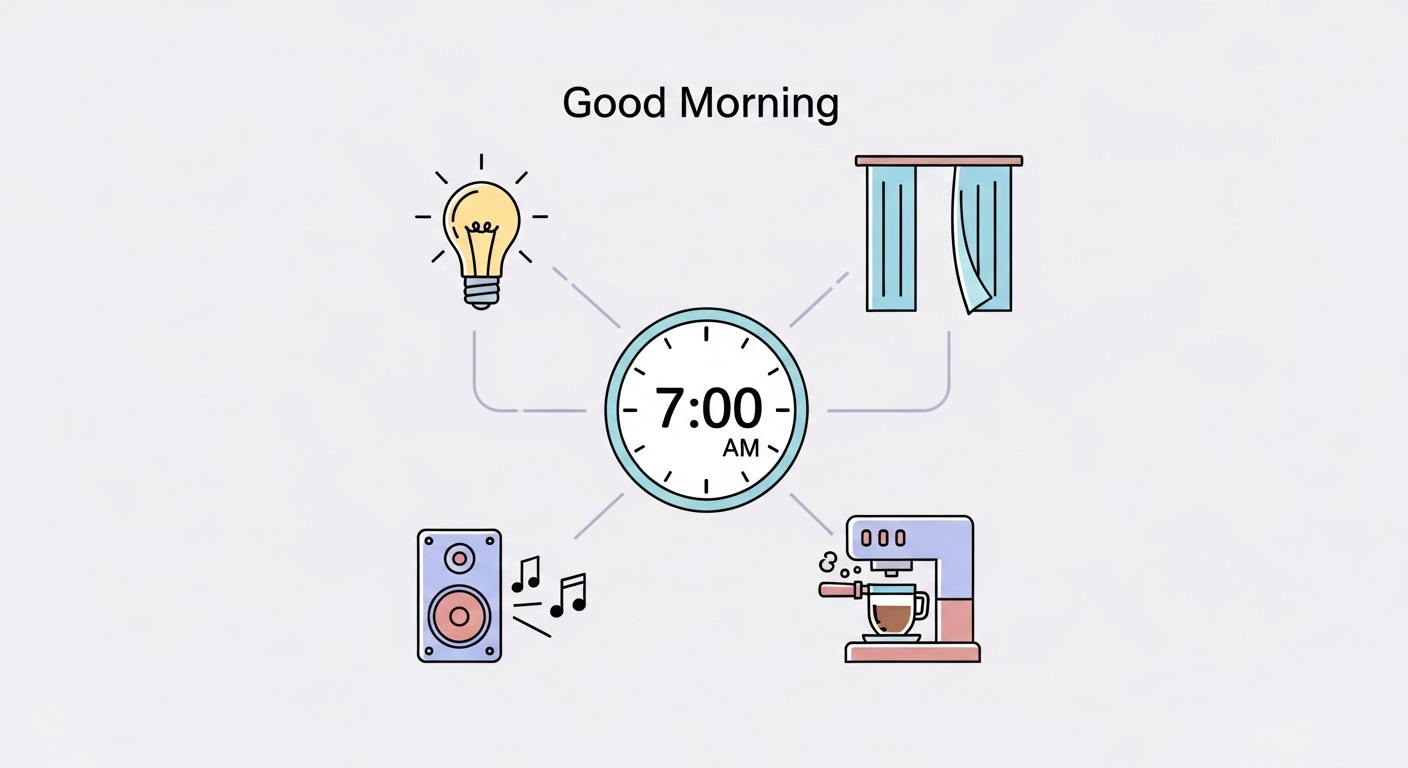 스마트홈 자동화 루틴 예시: 기상 시간에 맞춰 조명, 커튼, 커피머신이 자동으로 작동하는 모습