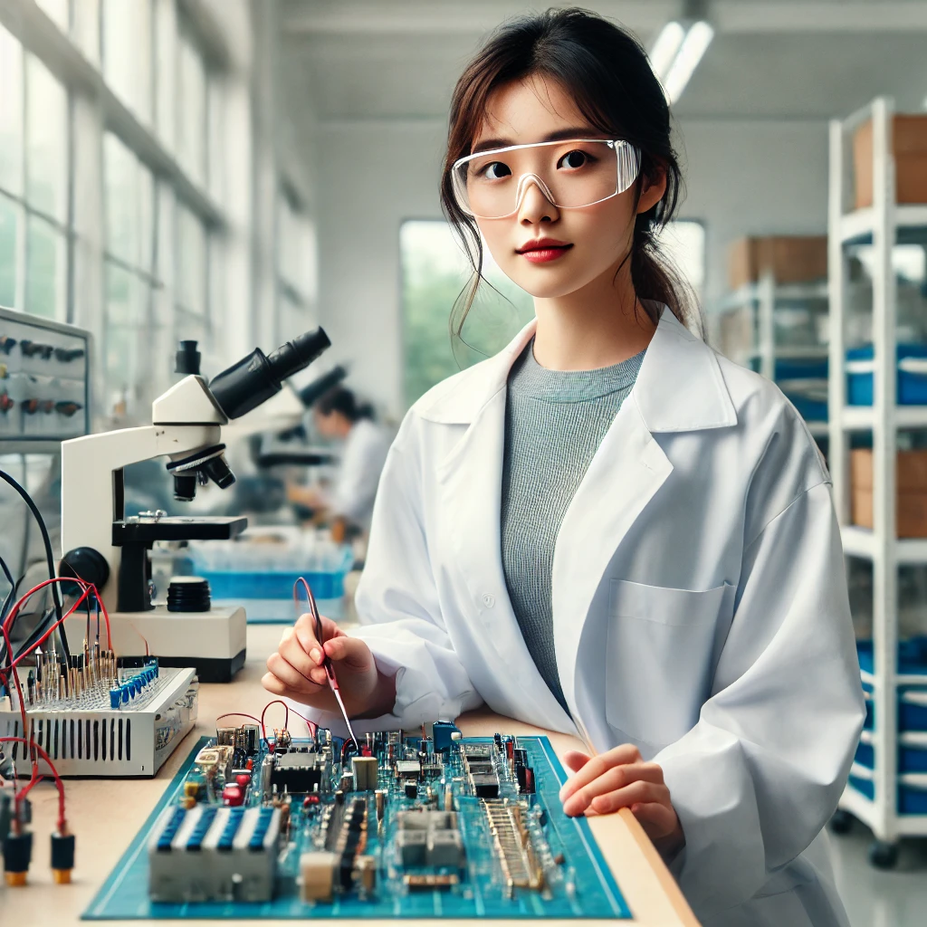 기술 실험실에서 전기 부품을 작업하며 실험 중인 실험복을 입은 젊은 여성