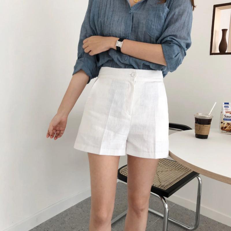 하이웨스트 여성 반바지 슬랙스 여자 여름바지 키작녀 린넨 반바지 3부 숏팬츠 화이트 핑크