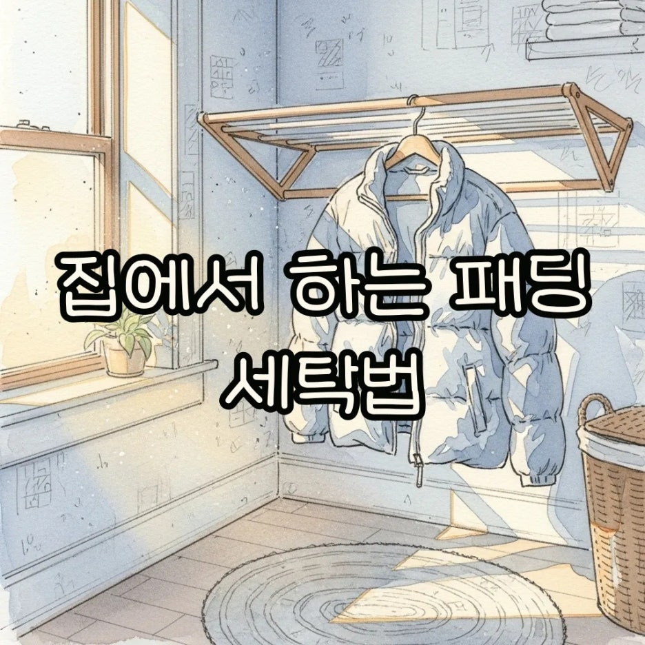 햇살 비치는 세탁실에 걸린 푹신한 패딩
