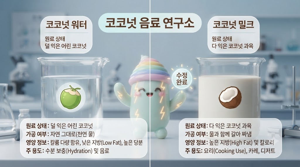 쫀쿠가 '코코넛 음료 연구소'에서 코코넛 워터와 코코넛 밀크의 성분과 용도를 정밀하게 비교 분석합니다. 왼쪽 비커에는 덜 익은 어린 코코넛에서 추출한 투명한 '코코넛 워터'가 담겨 있으며, 영양 패널에는 높은 칼륨 함량과 낮은 지방 함량이 시각화되어 있습니다. 오른쪽 비커에는 다 익은 코코넛 과육을 갈아 만든 뽀얀 '코코넛 밀크'가 담겨 있고, 영양 패널에는 높은 지방 함량과 요리 용도('Cooking Use')가 명확히 표시됩니다. 각 액체의 특징과 영양소 차이가 입체적인 그래프와 아이콘으로 입체적으로 대비됩니다.